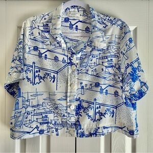 Calypso Linen Top XL Coastal Toile Print Button Down Travel Vacation Shirt